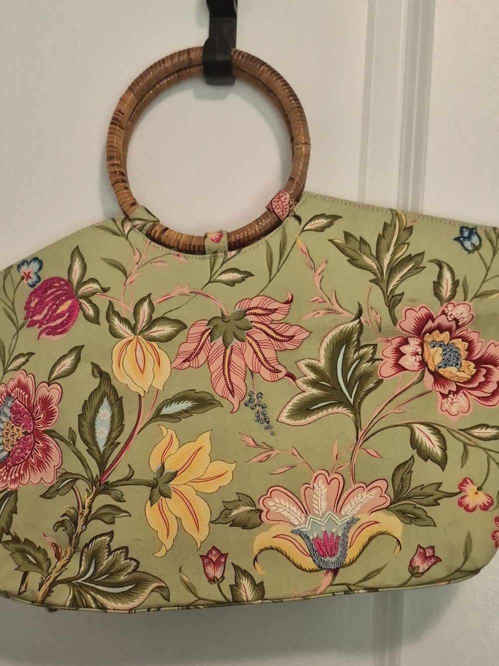 Talbots Green Floral Handbag with Woven Ring Handles